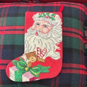 Festive Santa Needlepoint Vintage Christmas Stocking